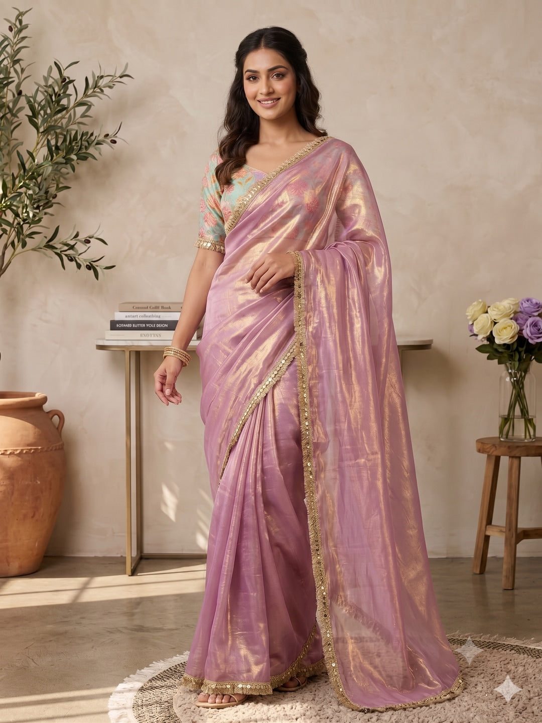 Peachmode Mauve Two Tone Satin Saree - Image 1