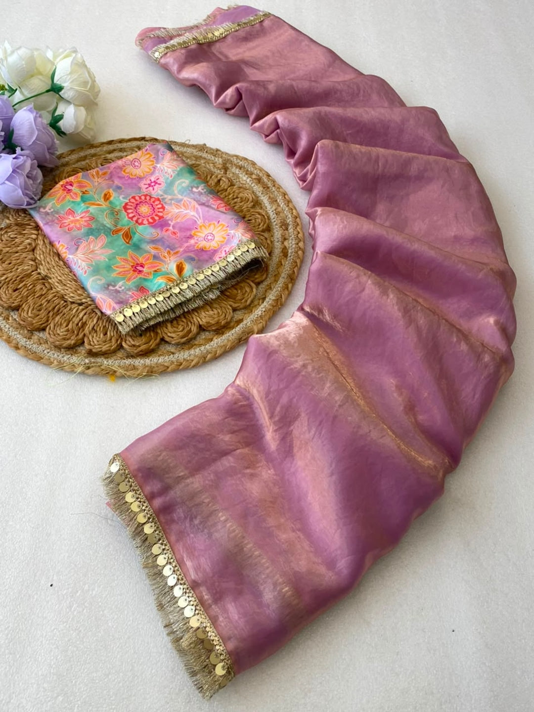 Peachmode Mauve Two Tone Satin Saree - Image 2
