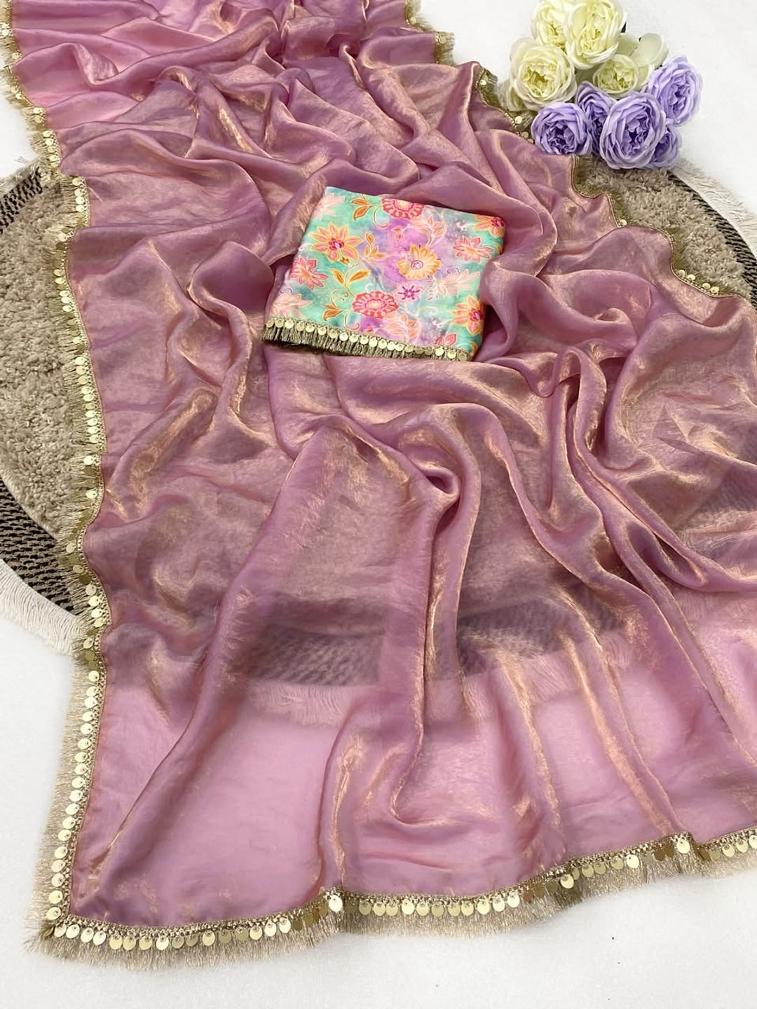Peachmode Mauve Two Tone Satin Saree - Image 3