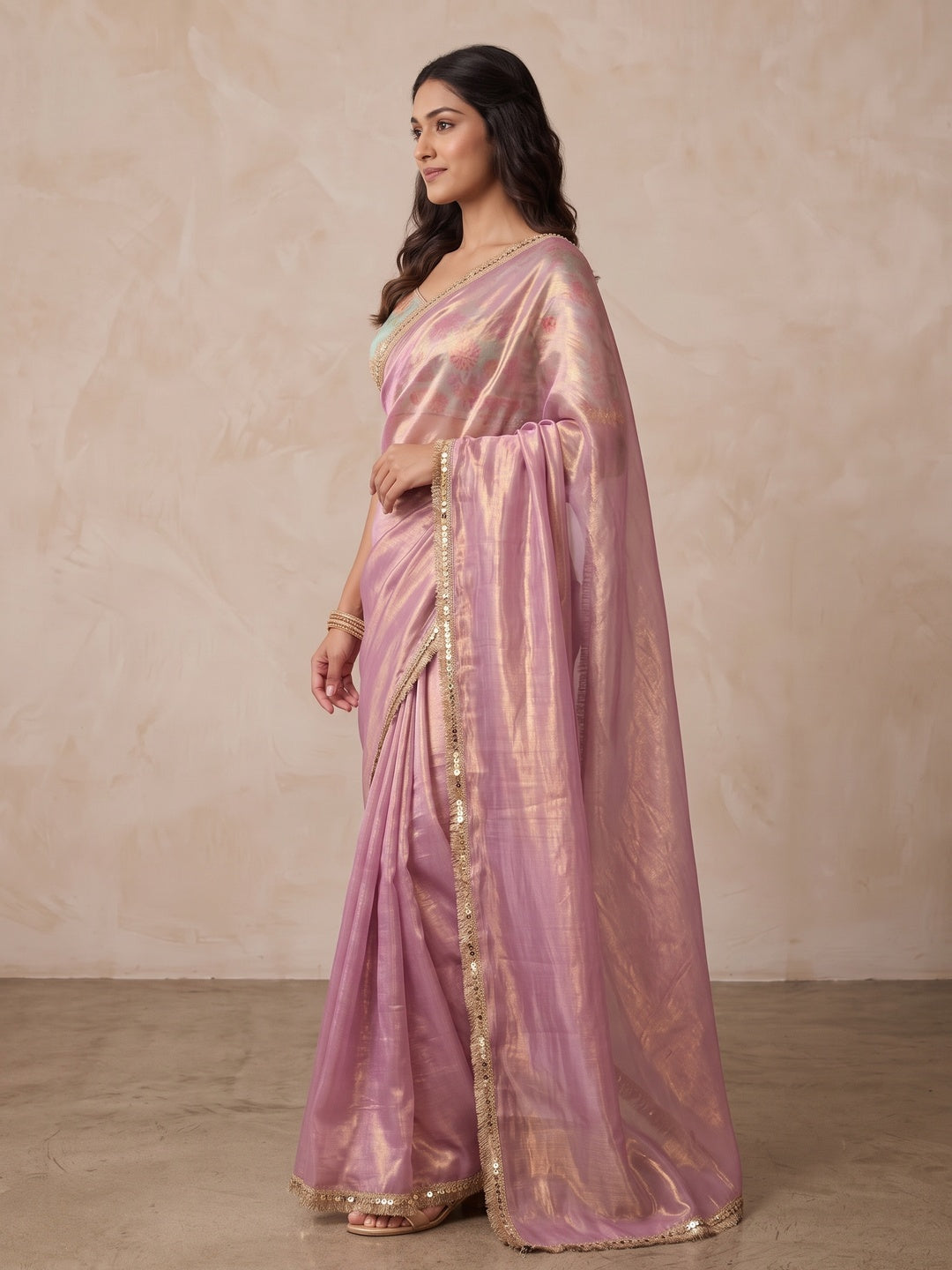 Peachmode Mauve Two Tone Satin Saree - Image 4