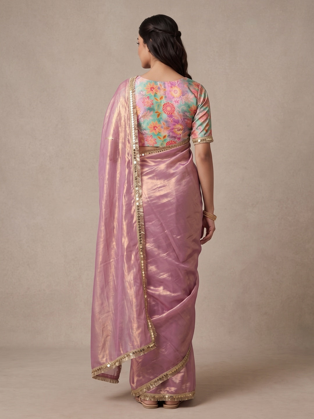 Peachmode Mauve Two Tone Satin Saree - Image 5