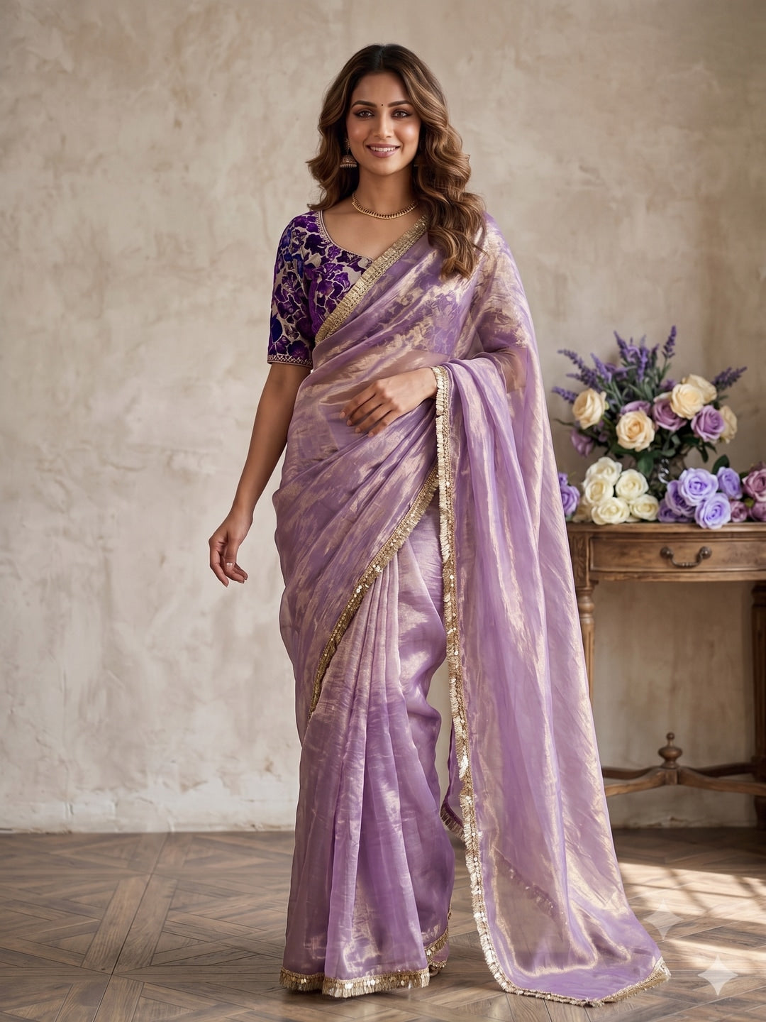Peachmode Lavender Two Tone Satin Saree - Image 1