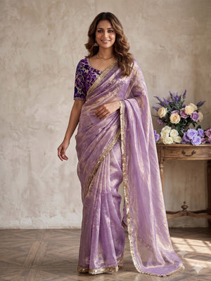 Peachmode Lavender Two Tone Satin Saree - Image 1