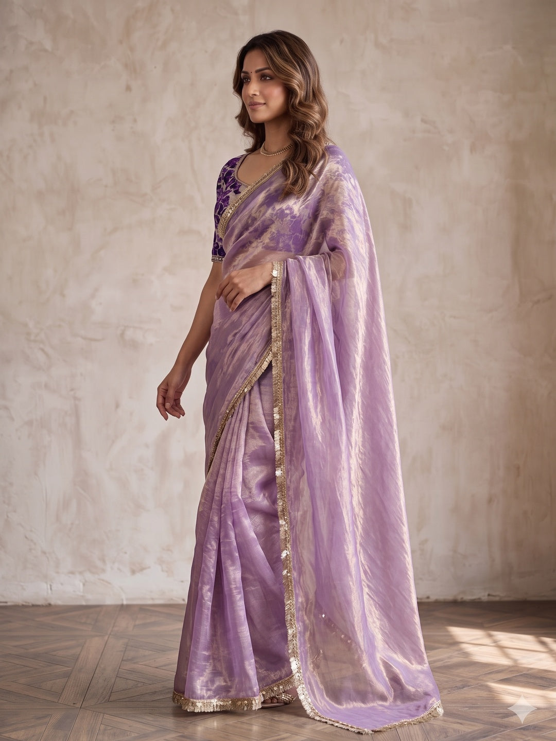 Peachmode Lavender Two Tone Satin Saree - Image 4