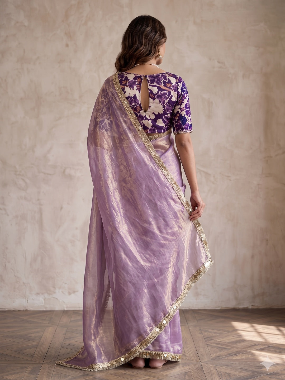 Peachmode Lavender Two Tone Satin Saree - Image 5