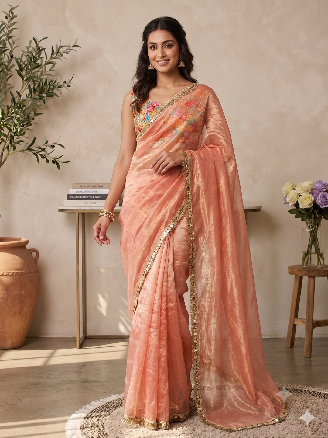 Peachmode Peach Two Tone Satin Saree - Image 1