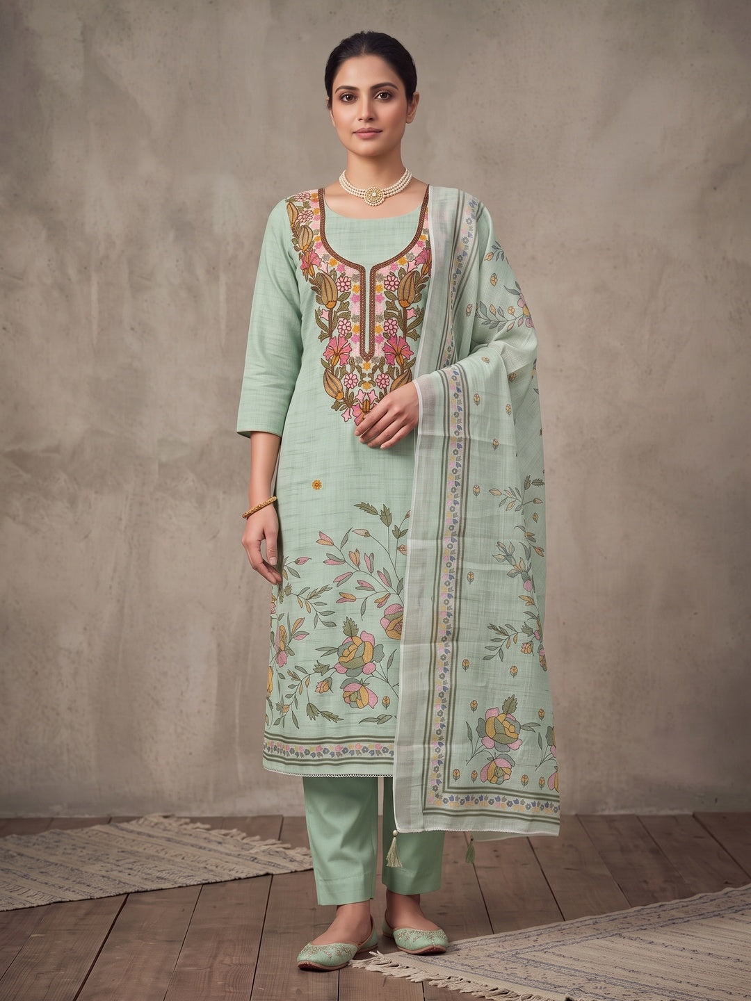 Peachmode Green Floral Embroidered Linen Cotton Dress Material - Image 1