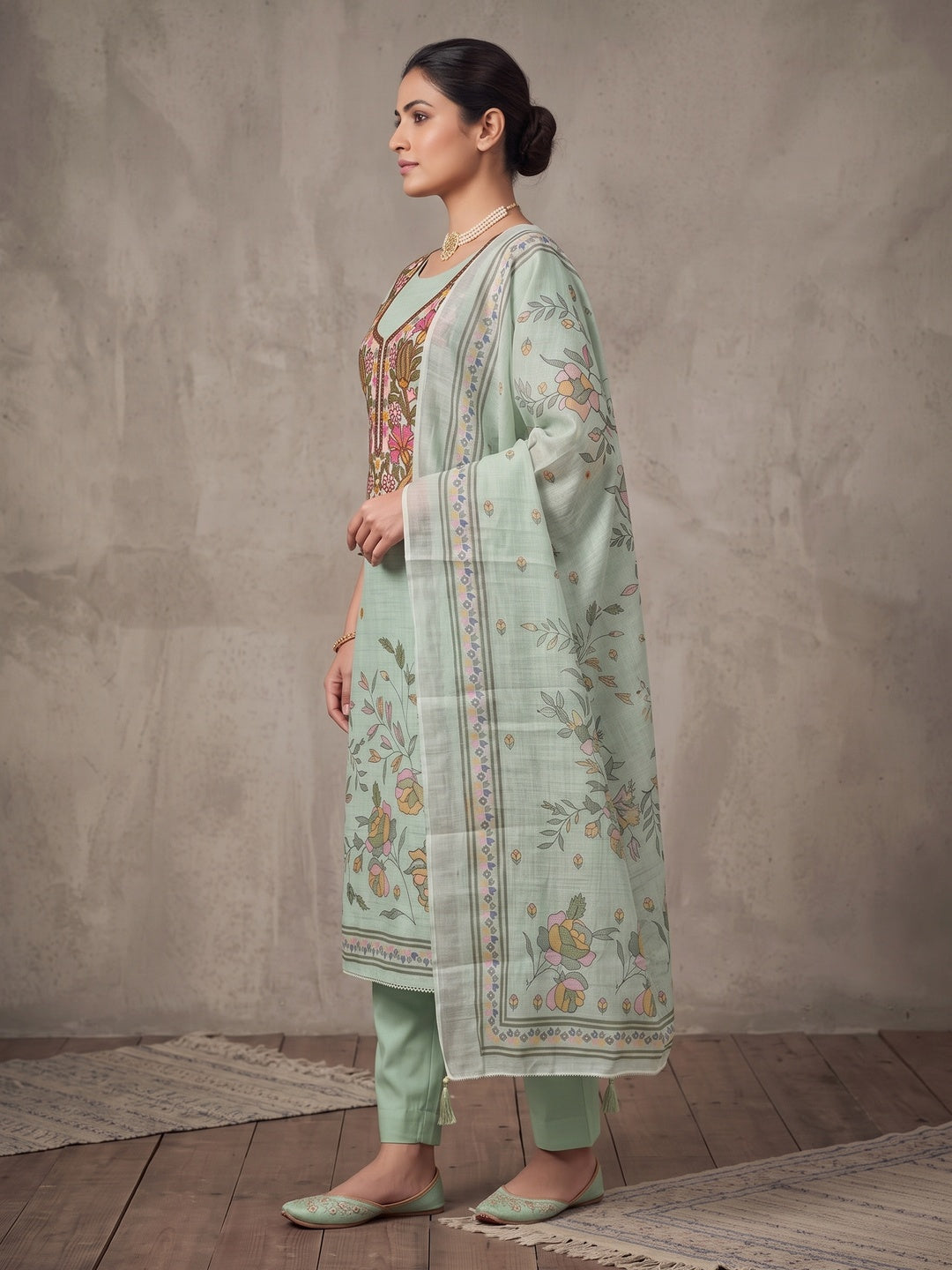 Peachmode Green Floral Embroidered Linen Cotton Dress Material - Image 2