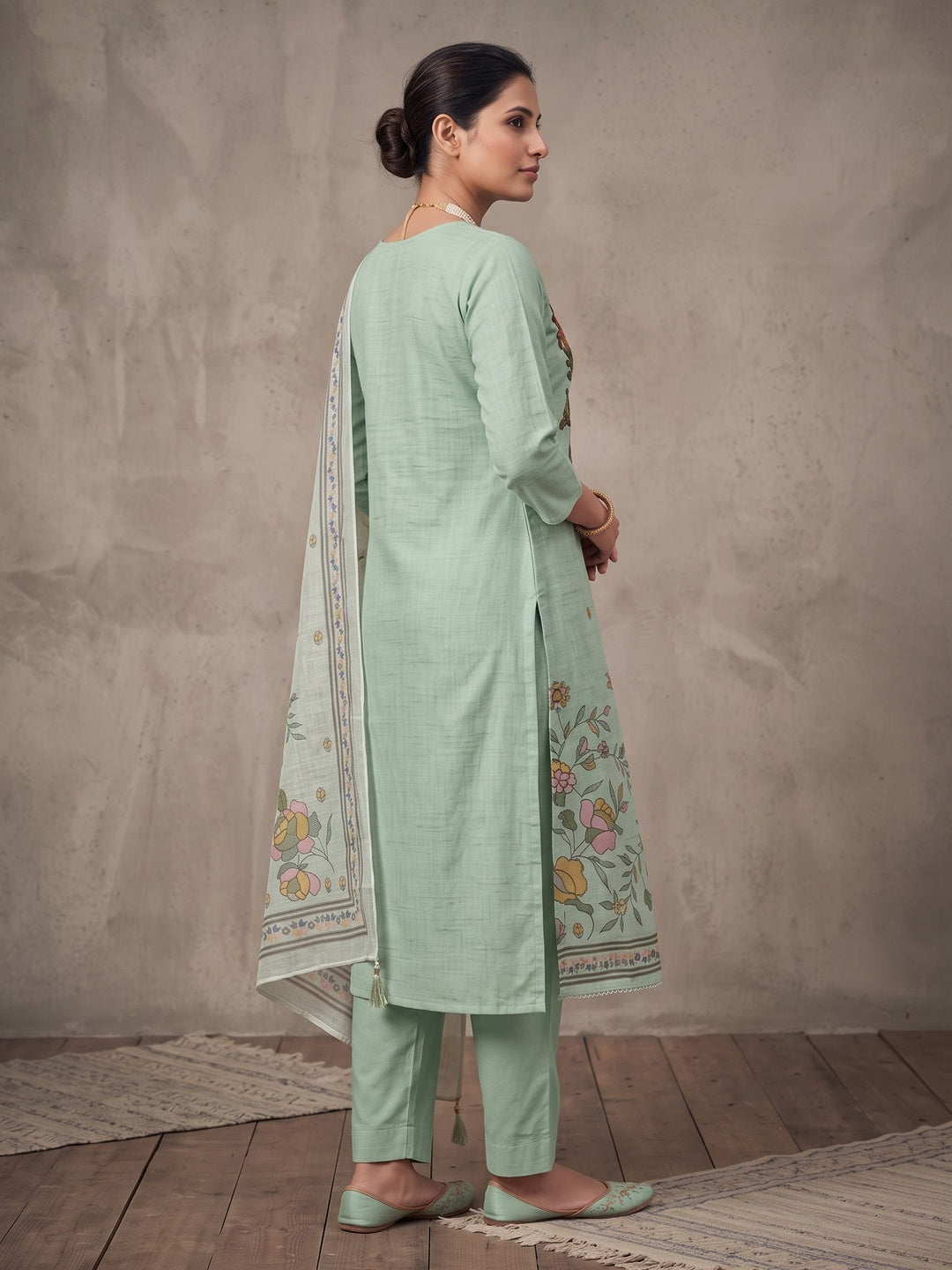 Peachmode Green Floral Embroidered Linen Cotton Dress Material - Image 3
