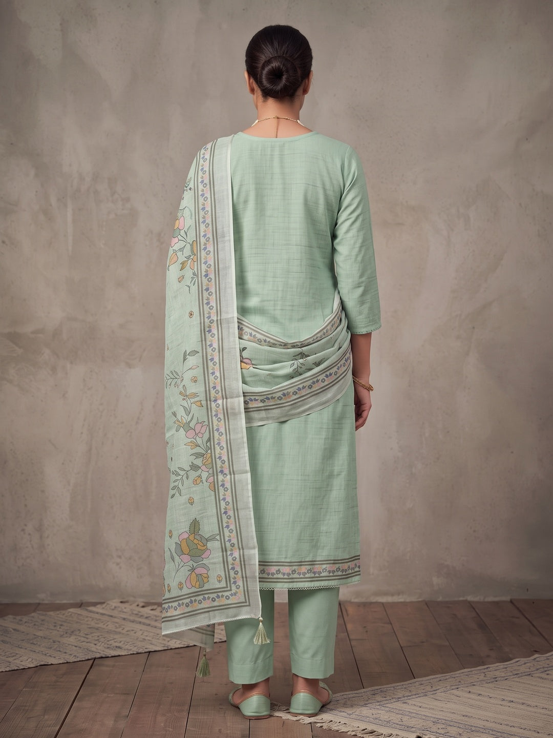 Peachmode Green Floral Embroidered Linen Cotton Dress Material - Image 4