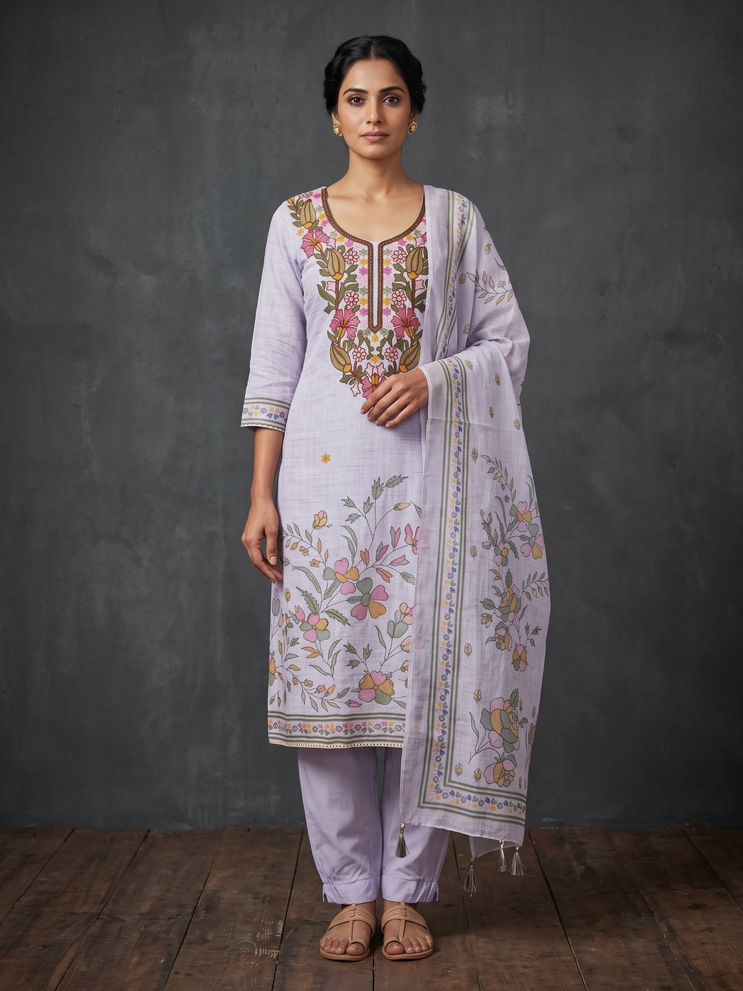Peachmode Lavender Floral Embroidered Linen Cotton Dress Material - Image 1