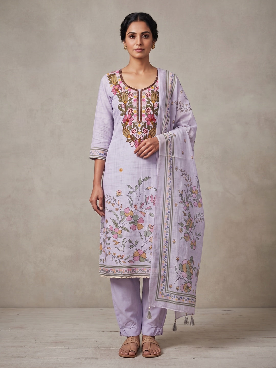Peachmode Lavender Floral Embroidered Linen Cotton Dress Material - Image 2