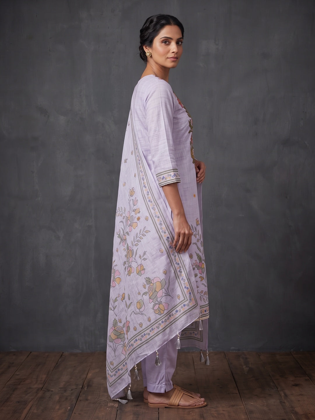 Peachmode Lavender Floral Embroidered Linen Cotton Dress Material - Image 4