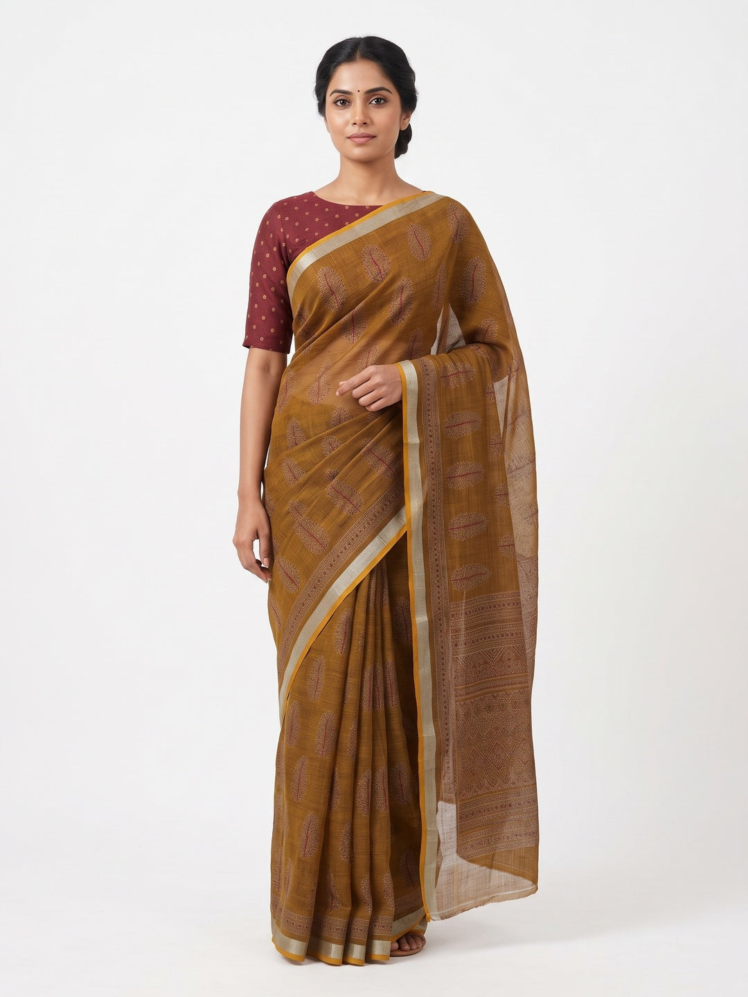 Classic Mustard Linen Cotton Saree Featuring Floral Ajrakh Print & Rich Silver Zari Border - Image 5