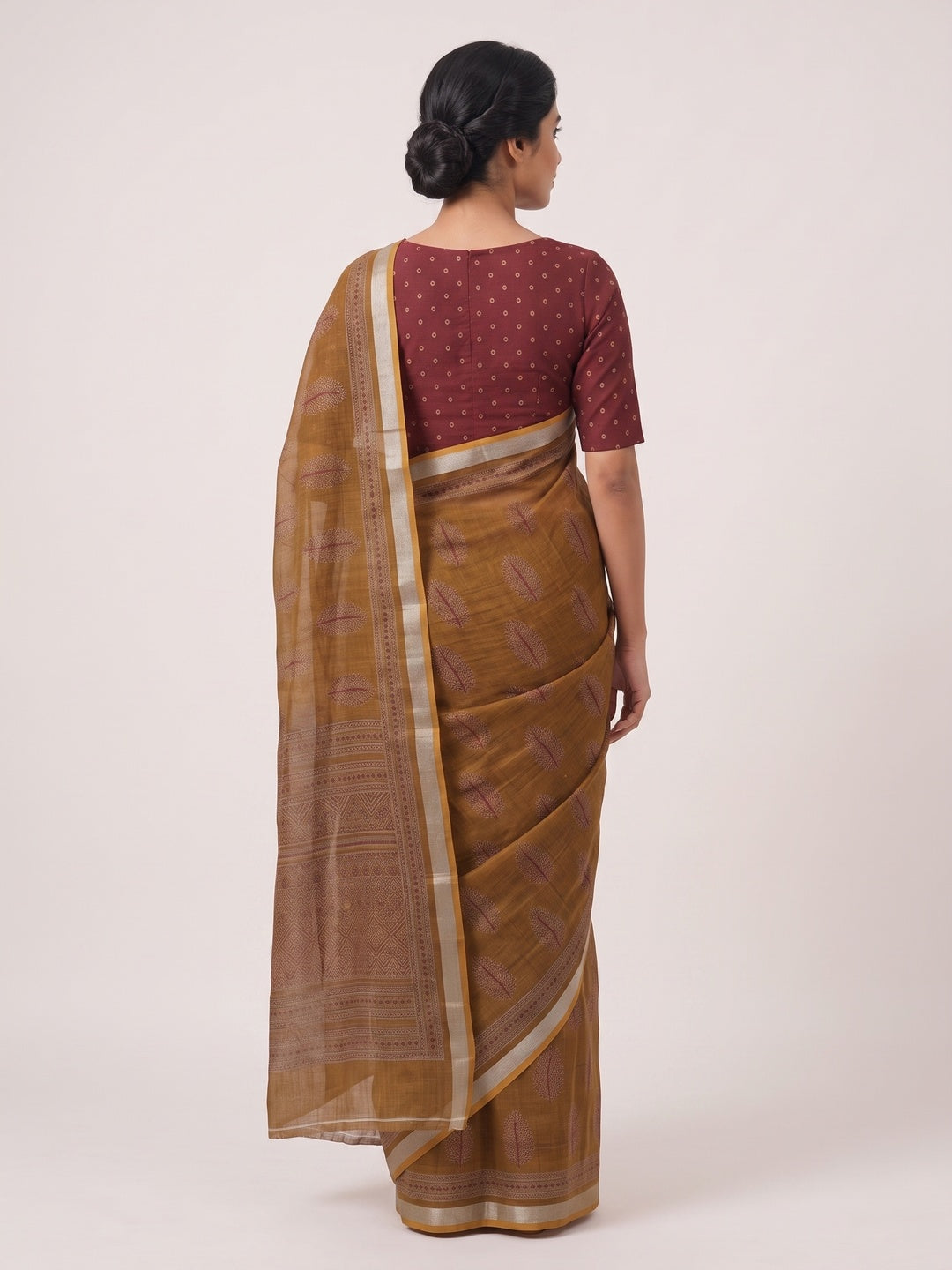 Classic Mustard Linen Cotton Saree Featuring Floral Ajrakh Print & Rich Silver Zari Border - Image 2