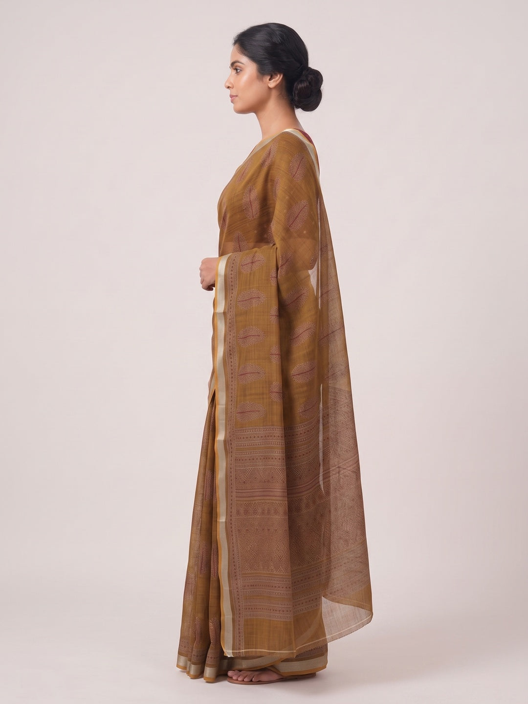Classic Mustard Linen Cotton Saree Featuring Floral Ajrakh Print & Rich Silver Zari Border - Image 3