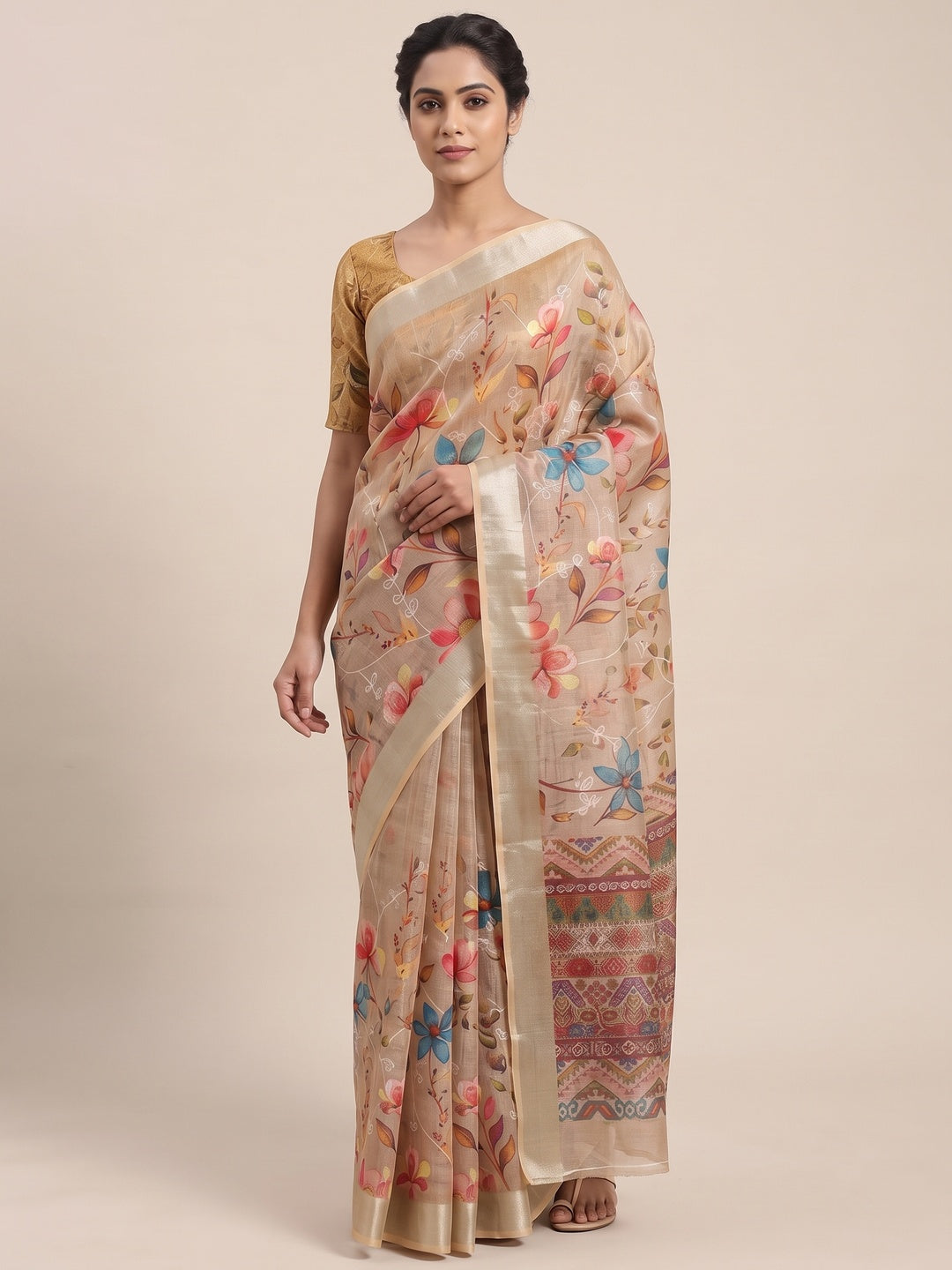 Beautiful Beige Floral Printed Saree in Lightweight Soft Linen Fabric - Image 5
