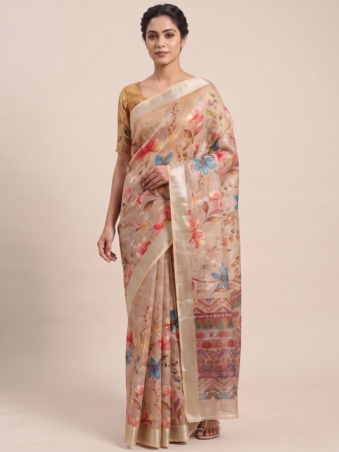 Beautiful Beige Floral Printed Saree in Lightweight Soft Linen Fabric - Image 1
