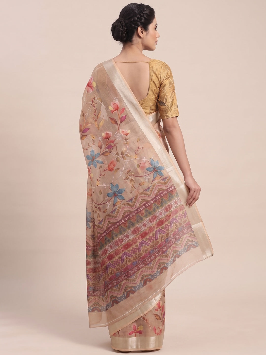 Beautiful Beige Floral Printed Saree in Lightweight Soft Linen Fabric - Image 2