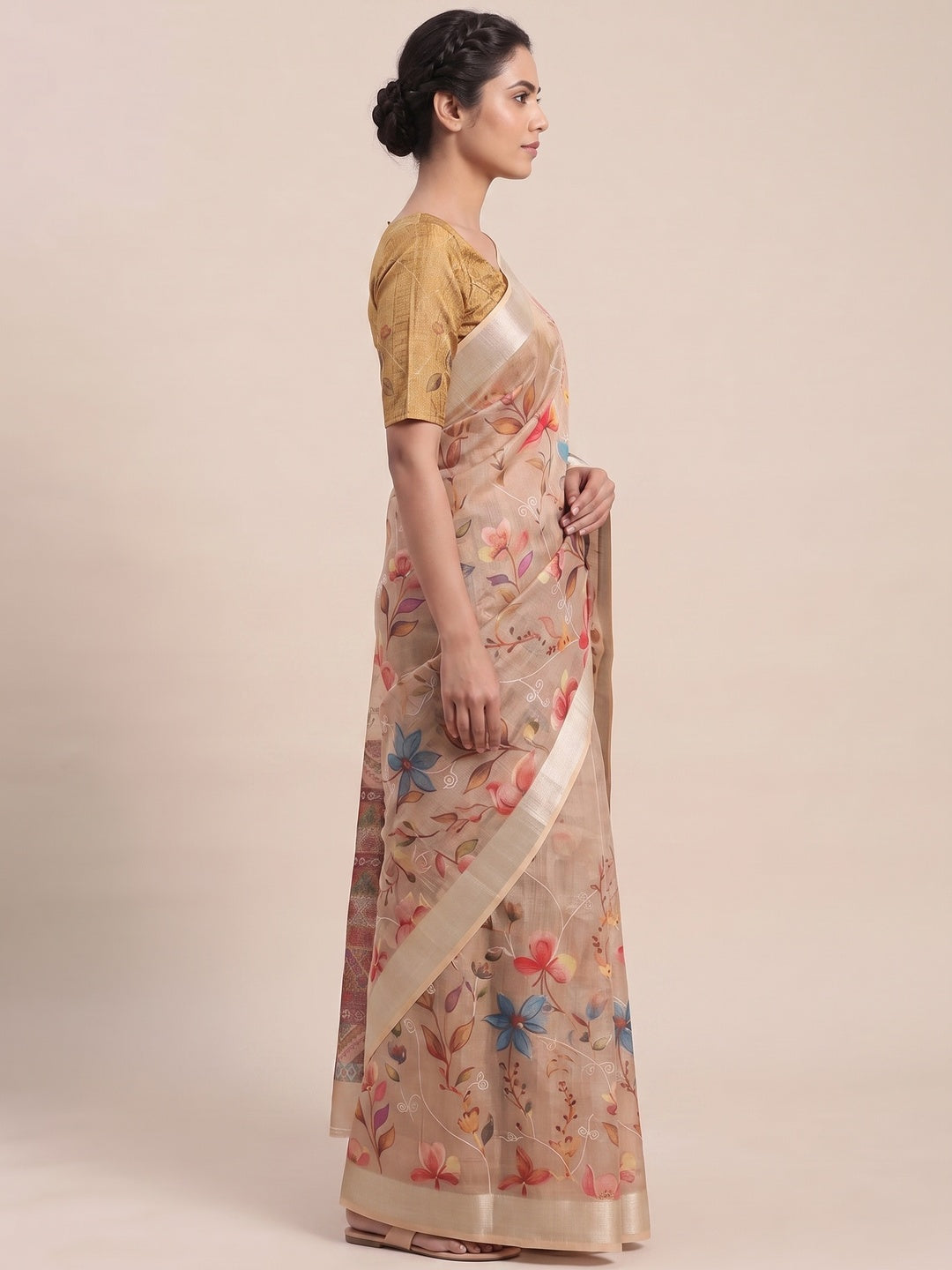 Beautiful Beige Floral Printed Saree in Lightweight Soft Linen Fabric - Image 3