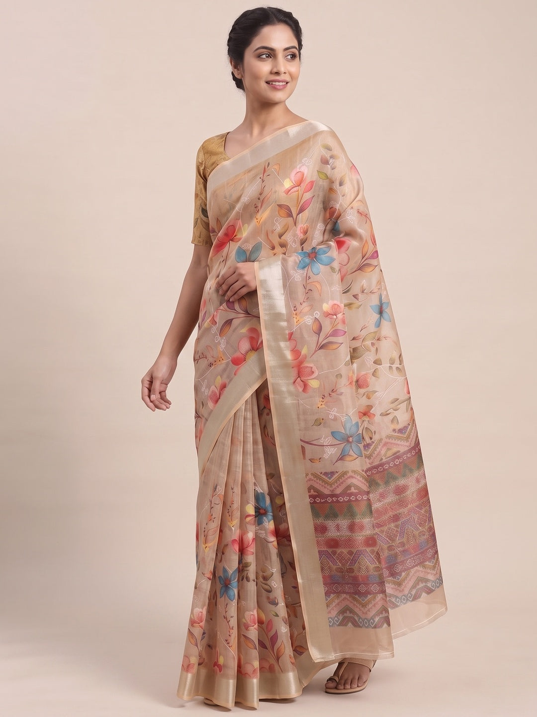 Beautiful Beige Floral Printed Saree in Lightweight Soft Linen Fabric - Image 4