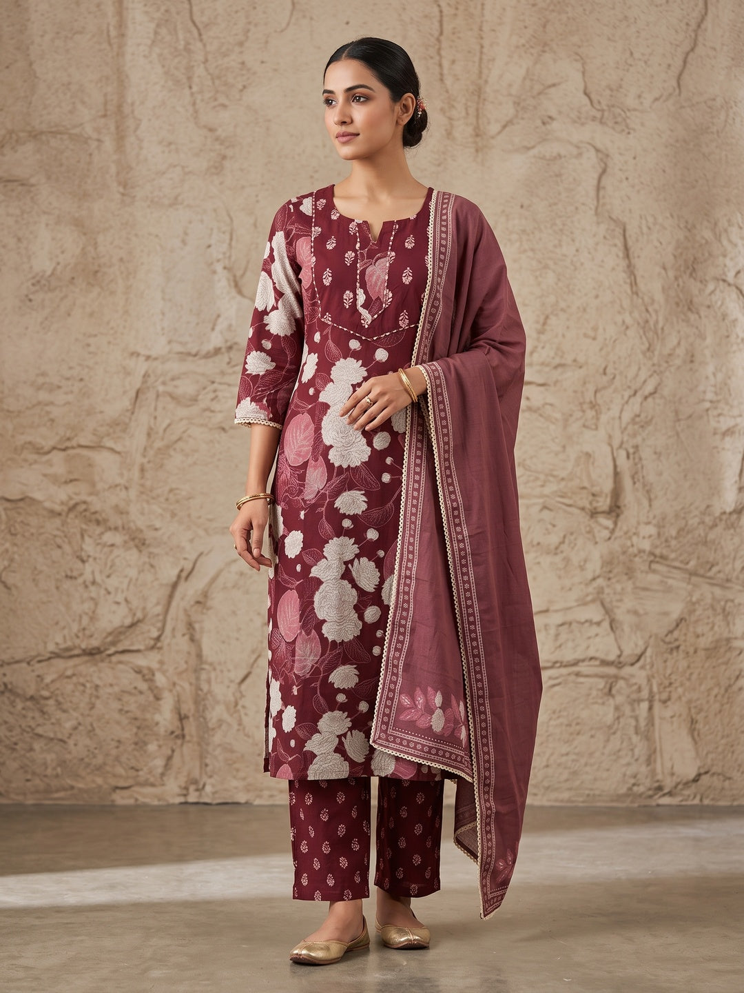 Maroon Cambric Cotton Floral Printed Salwar Suit Set - Image 1