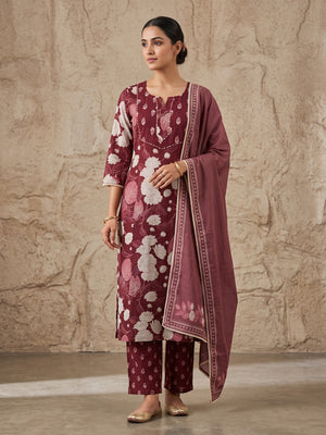 Maroon Cambric Cotton Floral Printed Salwar Suit Set - Image 1