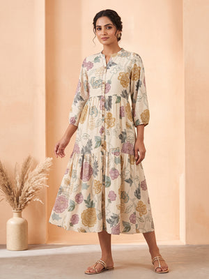 Off White Crepe Multicolor Floral Printed Midi Dress - Image 1