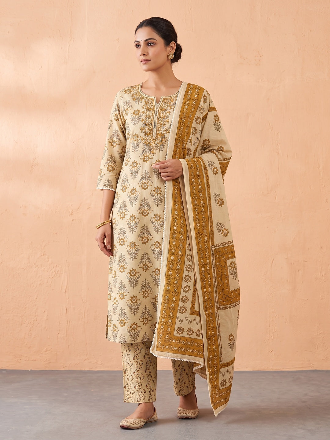 Cream Cotton Floral Block Printed Salwar Suit Set - Image 1