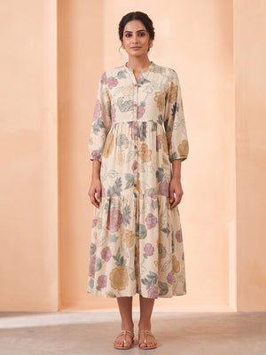 Off White Crepe Multicolor Floral Printed Midi Dress - Image 2