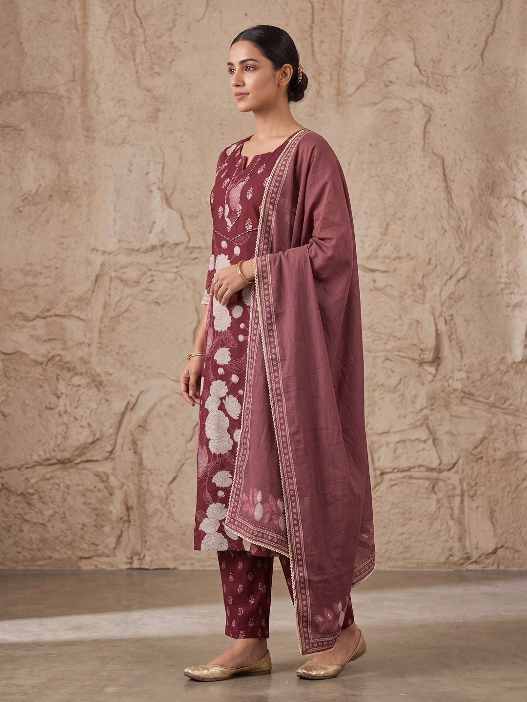 Maroon Cambric Cotton Floral Printed Salwar Suit Set - Image 3