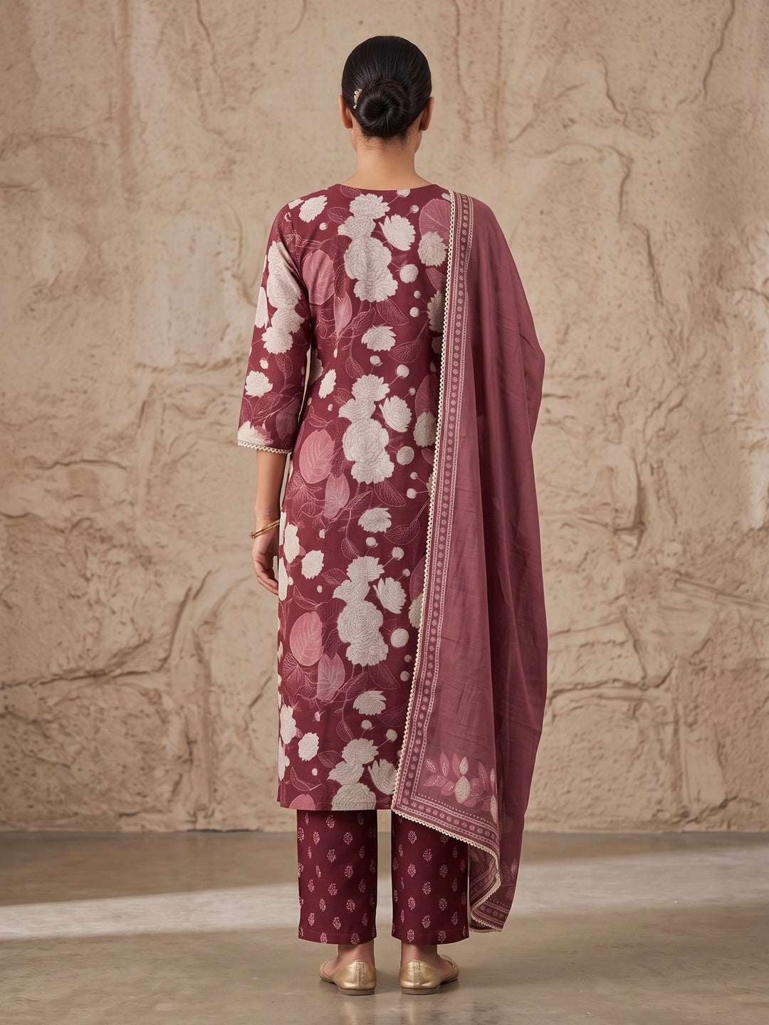 Maroon Cambric Cotton Floral Printed Salwar Suit Set - Image 5