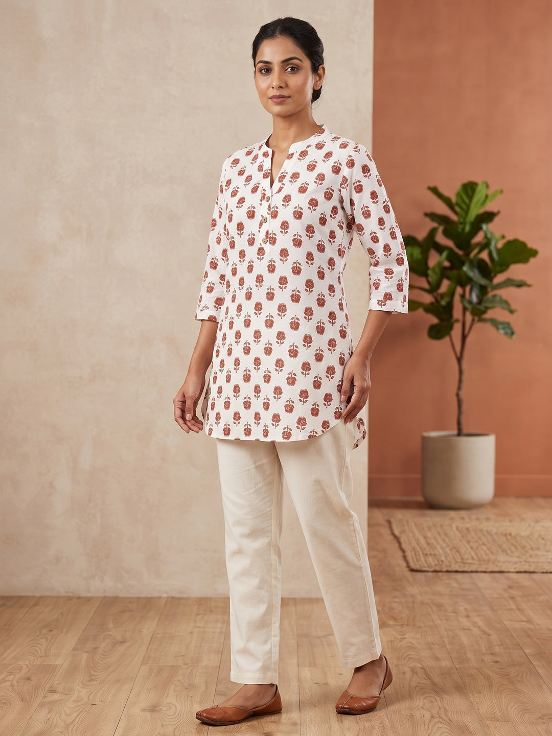 Rust and White Pure Cotton Floral Printed Top - Image 1