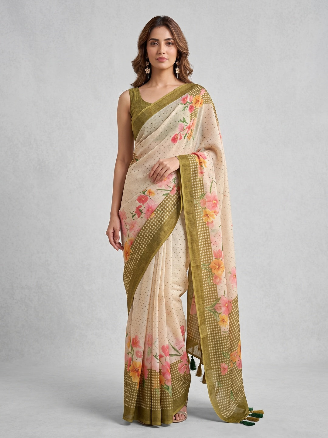 Peachmode Off White Olive Floral Soft Linen Saree - Image 1