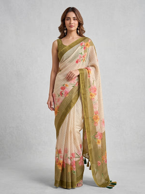 Peachmode Off White Olive Floral Soft Linen Saree - Image 1
