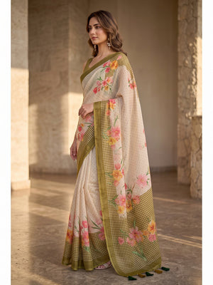 Peachmode Off White Olive Floral Soft Linen Saree - Image 2