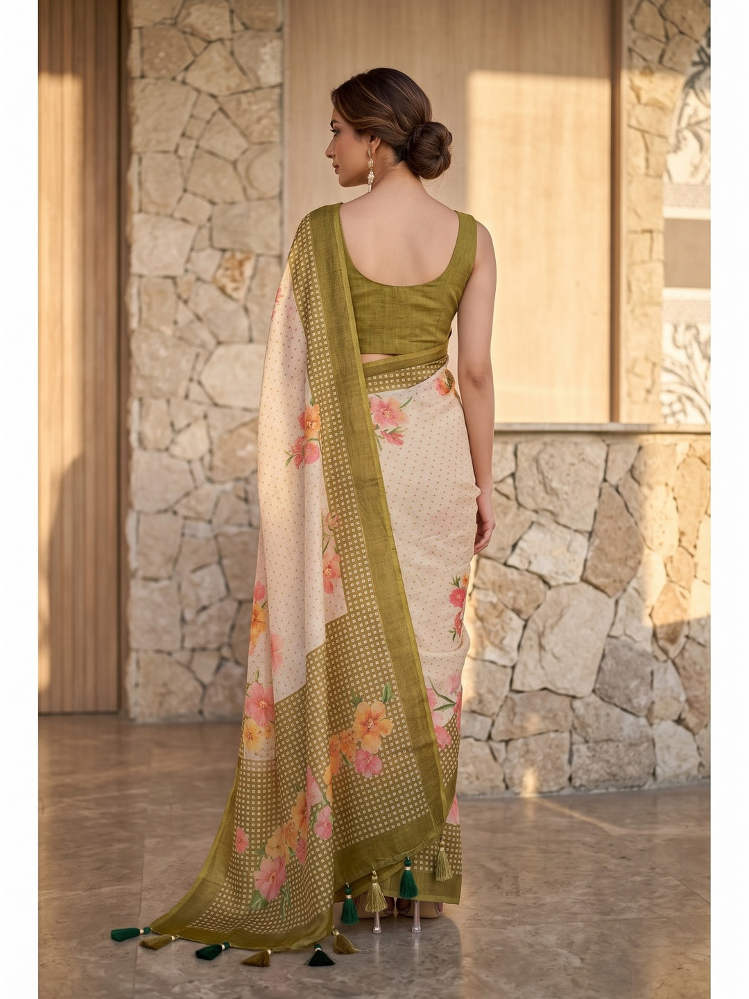 Peachmode Off White Olive Floral Soft Linen Saree - Image 4