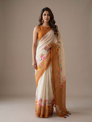 Peachmode Off White Mustard Floral Soft Linen Saree - Image 1