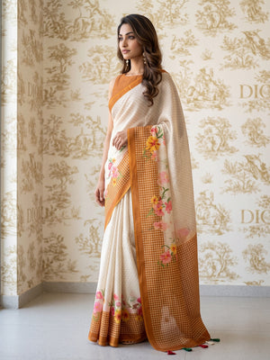 Peachmode Off White Mustard Floral Soft Linen Saree - Image 2