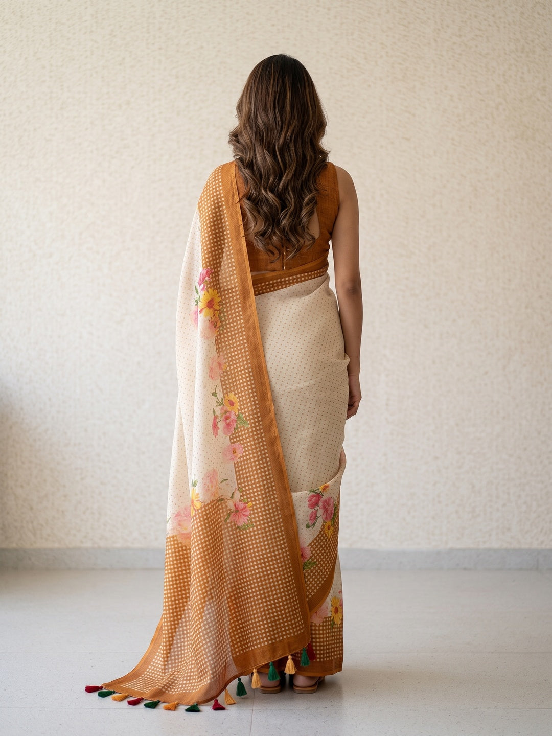 Peachmode Off White Mustard Floral Soft Linen Saree - Image 4