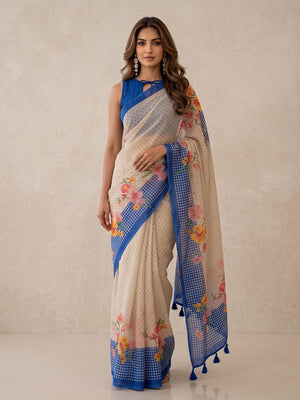 Peachmode Off White Blue Floral Soft Linen Saree - Image 1
