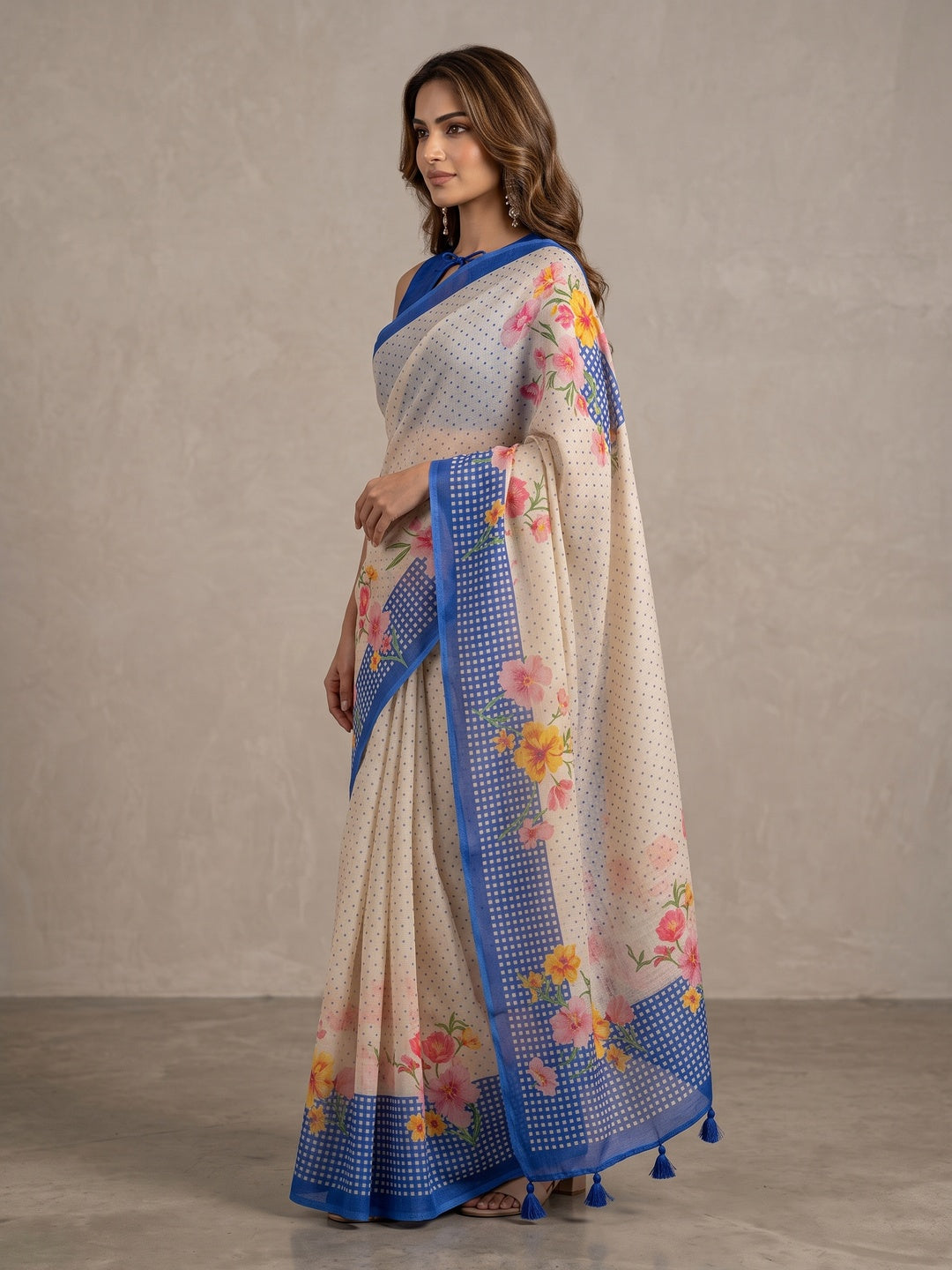 Peachmode Off White Blue Floral Soft Linen Saree - Image 3