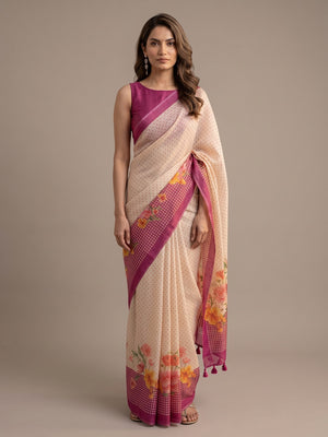 Peachmode Off White Magenta Floral Soft Linen Saree - Image 1