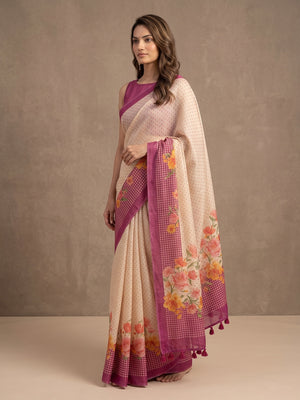 Peachmode Off White Magenta Floral Soft Linen Saree - Image 2