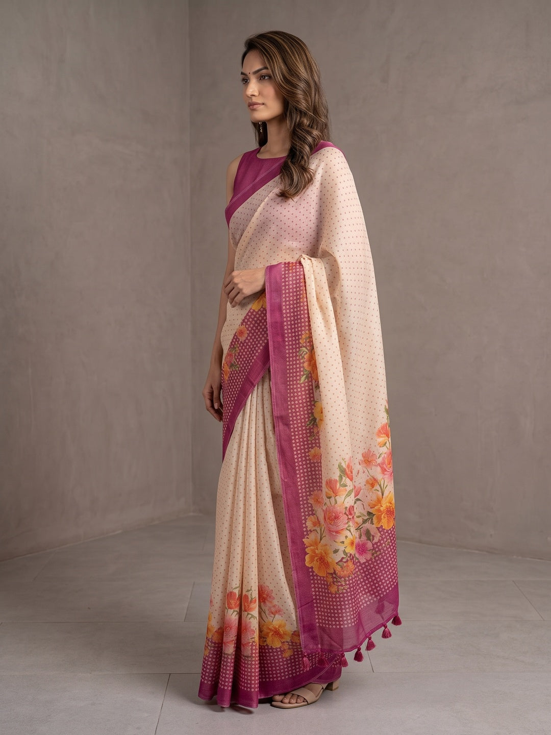 Peachmode Off White Magenta Floral Soft Linen Saree - Image 3