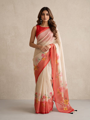 Peachmode Off White Red Floral Soft Linen Saree - Image 1