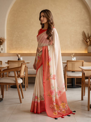 Peachmode Off White Red Floral Soft Linen Saree - Image 2