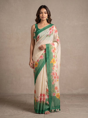 Peachmode Off White Green Floral Soft Linen Saree - Image 1