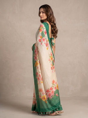 Peachmode Off White Green Floral Soft Linen Saree - Image 2