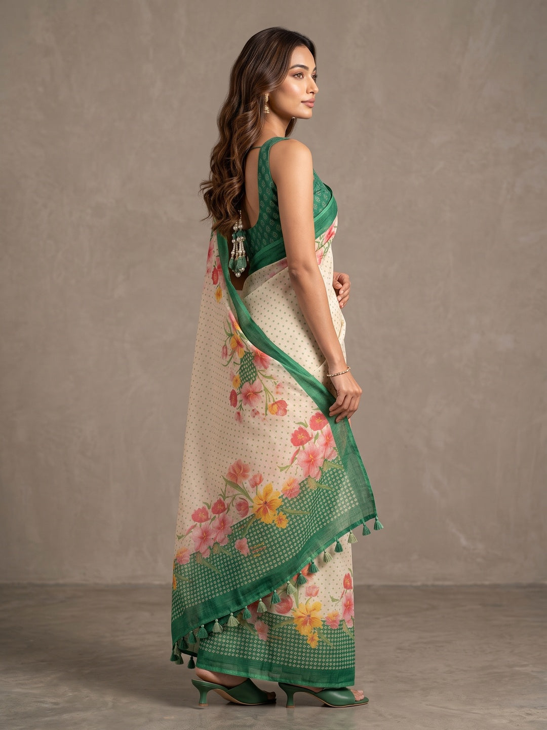 Peachmode Off White Green Floral Soft Linen Saree - Image 3